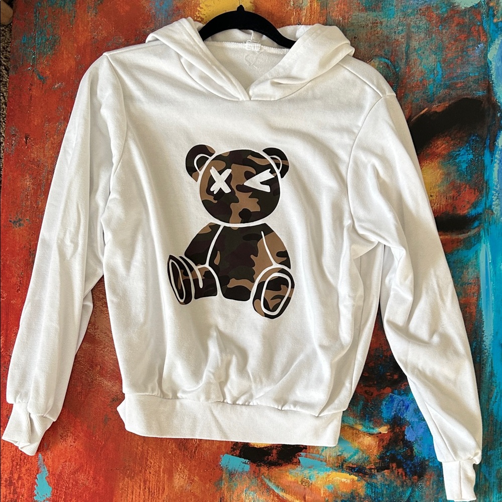 SHEIN White Hoodie with Camouflage Bear